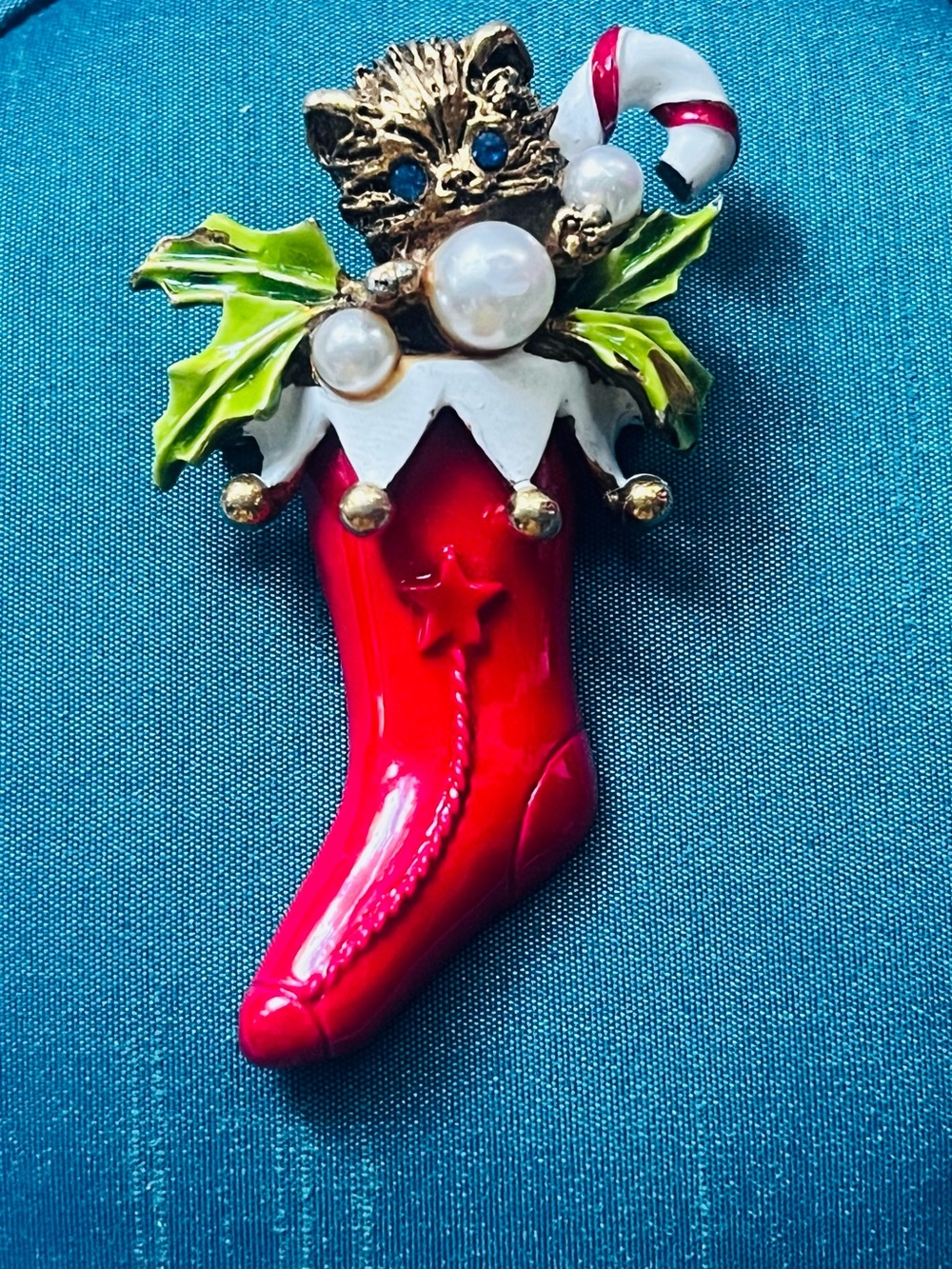 Festive Red Christmas Stocking Cat Brooch - Holiday Enamel Pin